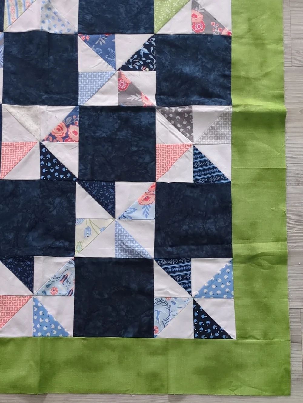 Handmade Unfinished Quilt Top UFO Blue Green Pinwheel Patchwork 41 x 35.5
